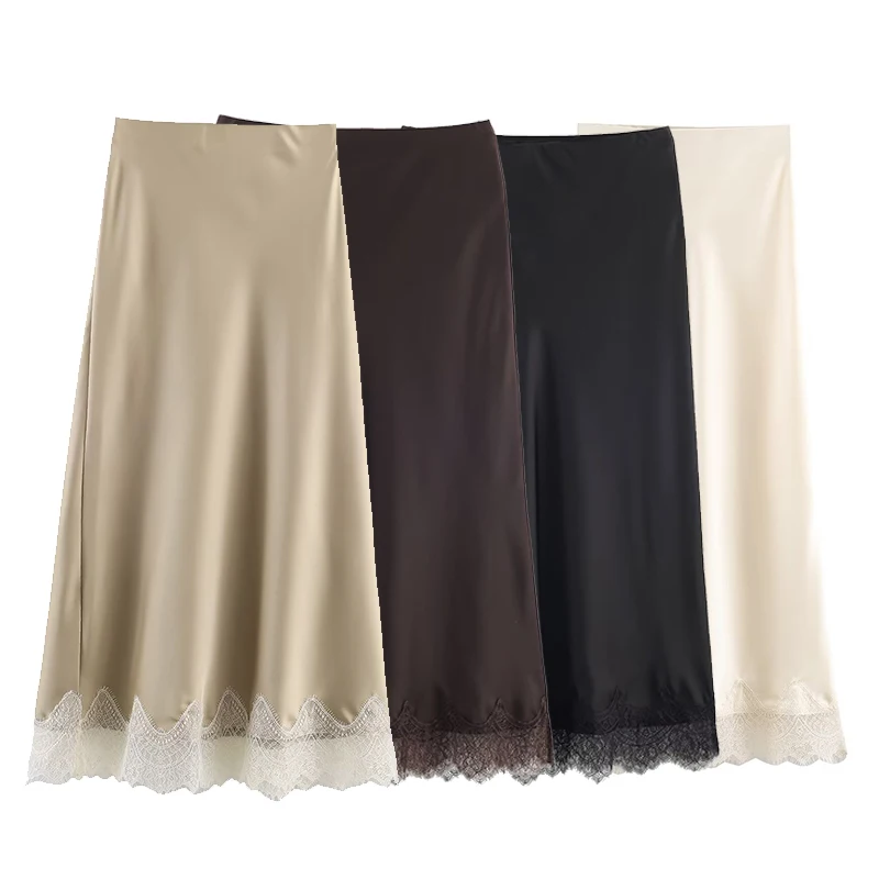 Willshela Women Fashion Solid Lace Side Hem Pleated A-Line Midi Skirt Vintage High Elastic Waist Female Chic Lady Skirts - Image 3