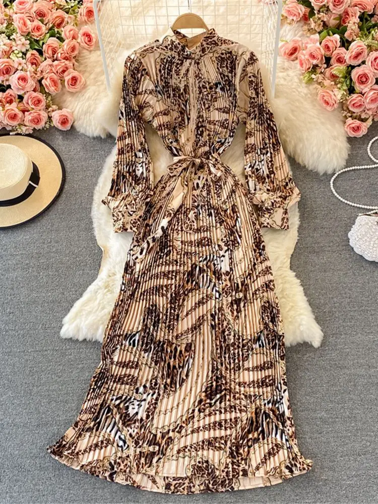 

Spring New Women French Loose Pleated Printed Long Dress Elegant Long Sleeve A-line Lady Clothes Autumn Female Maxi Dress