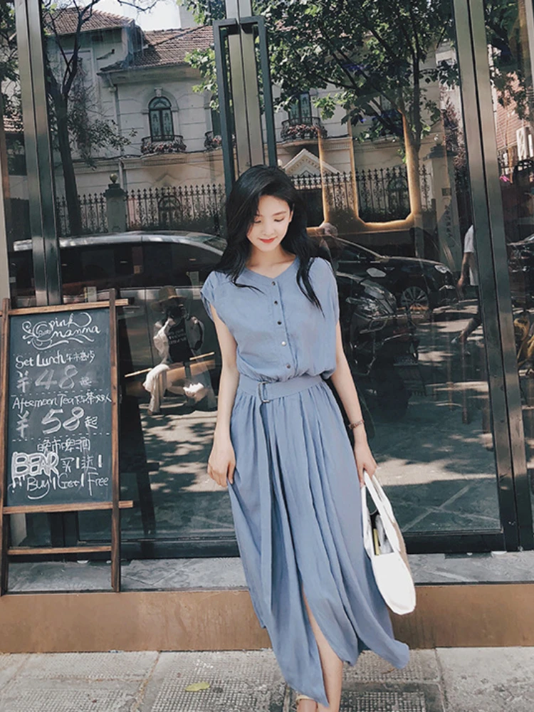 

Summer New Waist Long Dress High Waist Large Skirt Temperament Retro Ladies Long Dress French Style Fashion High-end Streetwear