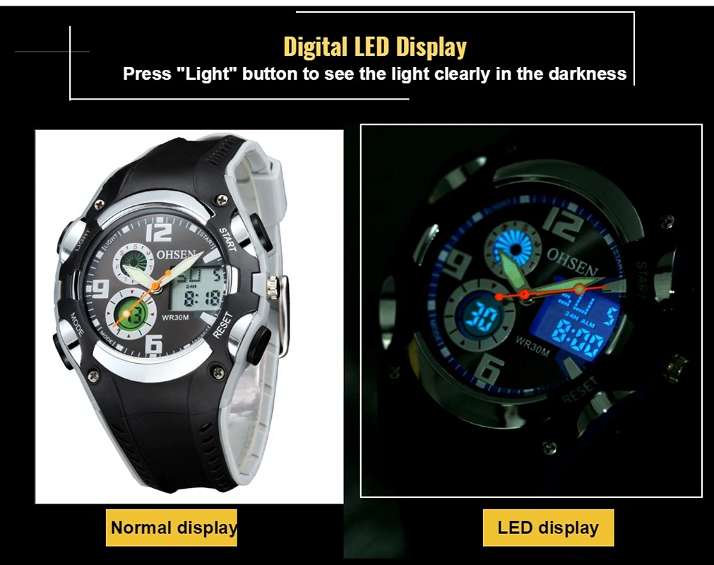 Original OHSEN Digital quartz Children Boys Sport Watches 30M Waterproof Black Rubber Band Fashion LED Swimming Wristwatch Gift 4