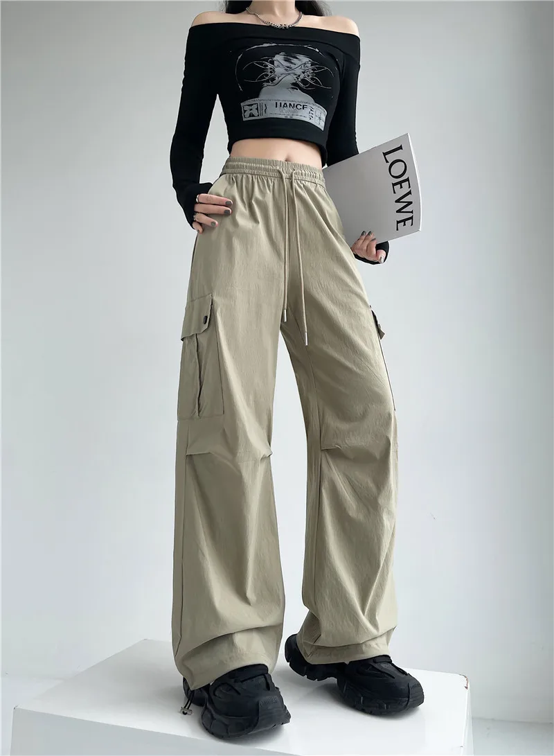Drawstring Tie Foot Cargo Casual Pants Women's Thin Design Sense Pleated Loose American Pants