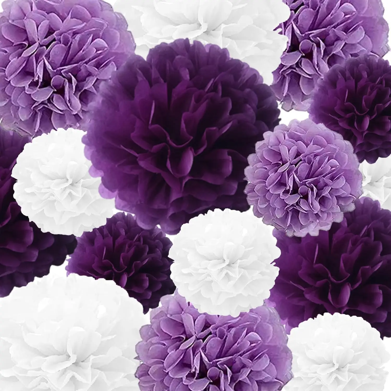 9pcs Paper Pom Poms Birthday Party Decorations Purple and White