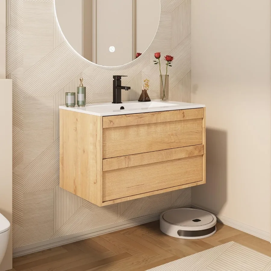 30" Floating Bathroom Vanity with Ceramic Integrated Sink Combo, Wall Mounted Storage Cabinet with 2 Drawers Bathroom Vanities 2