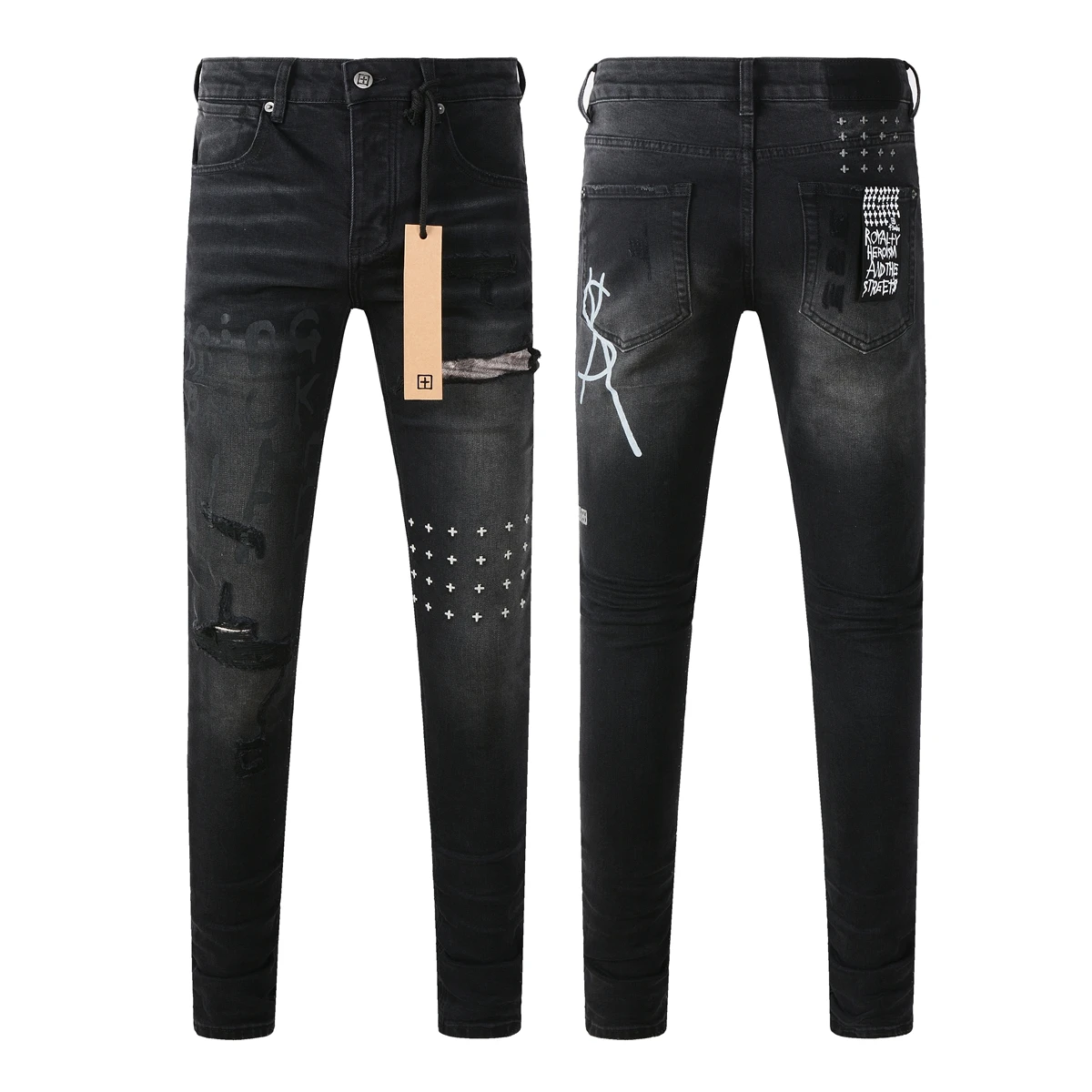 KSUBI Cross Jeans American High Street Paint Hole Trend Low Rise Skinny Denim Pants Pleated Ripped Letter Jeans ripped patchwork jeans ripped jeans
