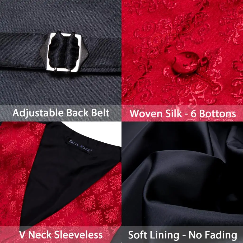 Luxury Silk Red Vest for Men Wedding Waistcoat Tie Set Formal Dress Suits Male Gilet Sleeveless Jacket Stempunk Barry Wang