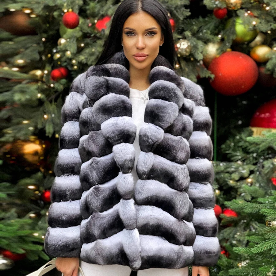 

Winter Natural Rex Rabbit Fur Coat Women Short Fur Jackets Chinchilla Fur Best Seller Real Fur Jacket