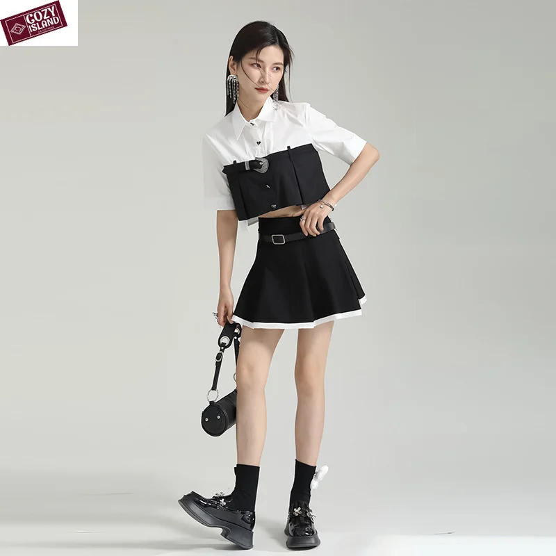 Summer Black Short Skirts Suit Irregular Cropped Shirts Women Short-sleeved Outfits 2pcs Skort Sets Belt Stitching Clothes White