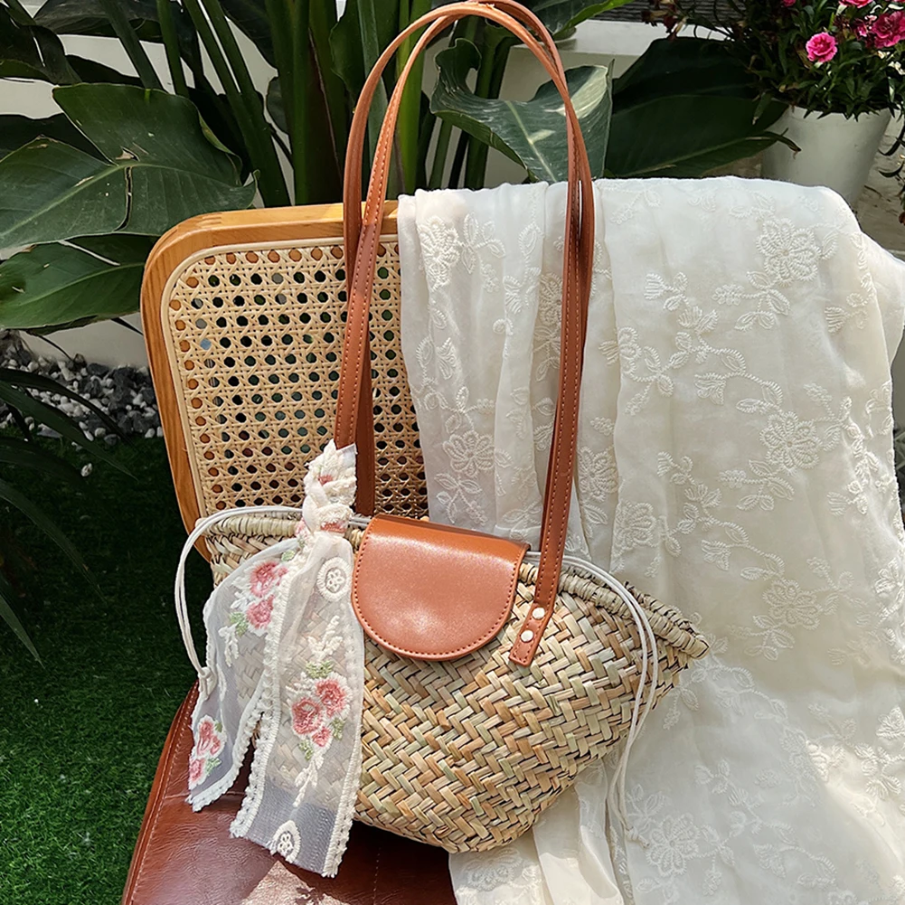 Women Straw Woven Tote Bag Fashion Woven Handbag Large Capacity Weaving Shoulder Bag Chic Hobo for Outdoor Travel