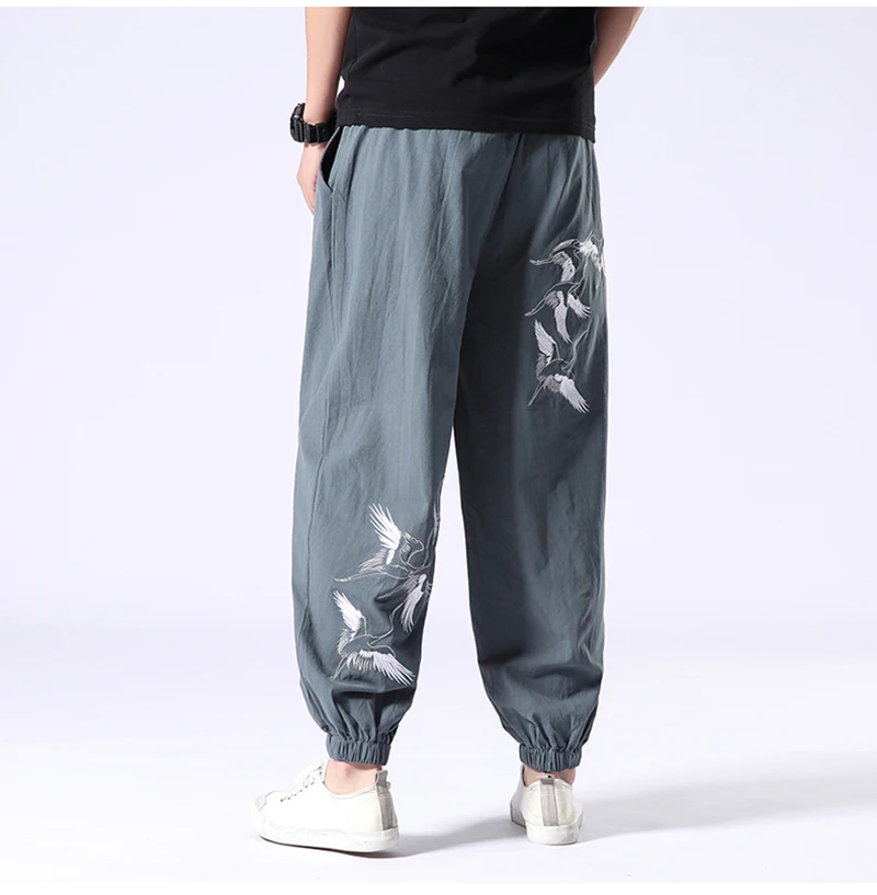 Description Picture 6 of itemCotton Linen Ankle-Length Pants Men's Retro Crane Embroidered Harem Pants Loose Men's Joggers Streetwear Pants