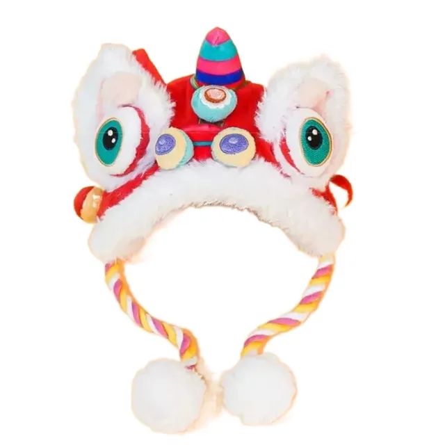Fun Chinese Style Cat Dance Lion Hats Soft Cartoon Cat New Year's Headwear Comfortable Warm Cute Plush Pet Caps Holiday