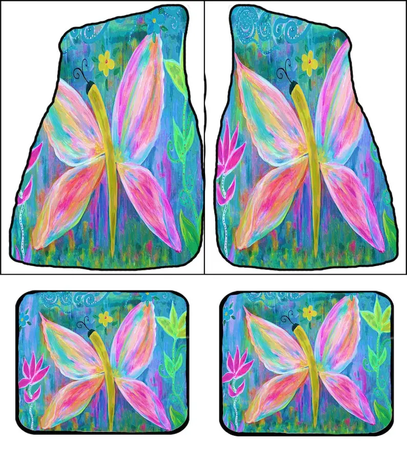 

Neon butterfly flowers floral Art Car Mats front and rear from my original design