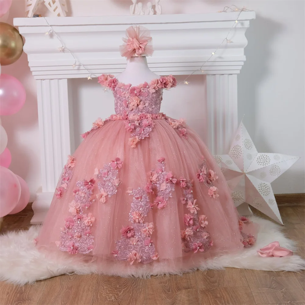 Pink Applique Flower Girl Dress For Wedding Tulle Elegant Floor Length Puffy Baby Kids Birthday Party First Communion Ball Gown 1