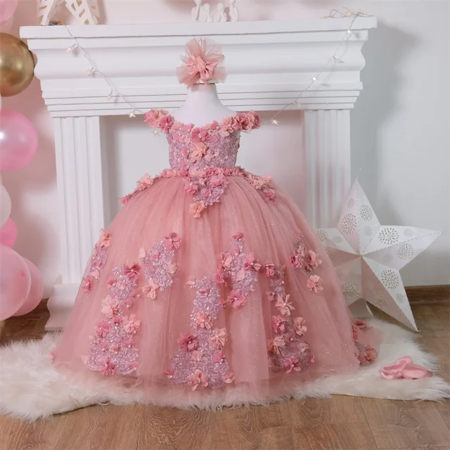 Pink Applique Flower Girl Dress For Wedding Tulle Elegant Floor Length Puffy Baby Kids Birthday Party First Communion Ball Gown 1