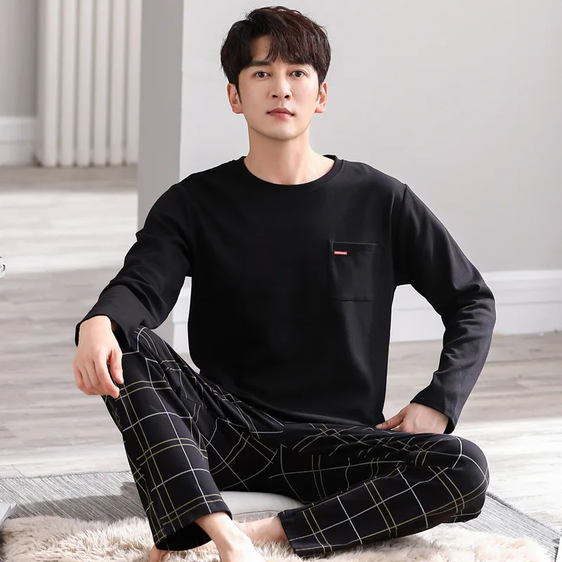 L-4XL Man Pajama Set Spring Autumn New Cotton Long Sleeve Sleepwear for Man Big Size Pullover Homewear Minimalist Boy Loungewear