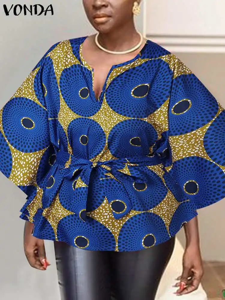 VONDA Women Tunic 2024 Fashion Shirts Tops Casual 3/4 Sleeve V-neck Printed Bohemian Blouse Sexy Belted Party Shirts Femme