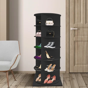 6-tier Rotating Shoe Rack Tower Black Home Handbag Storage Display Rack 6