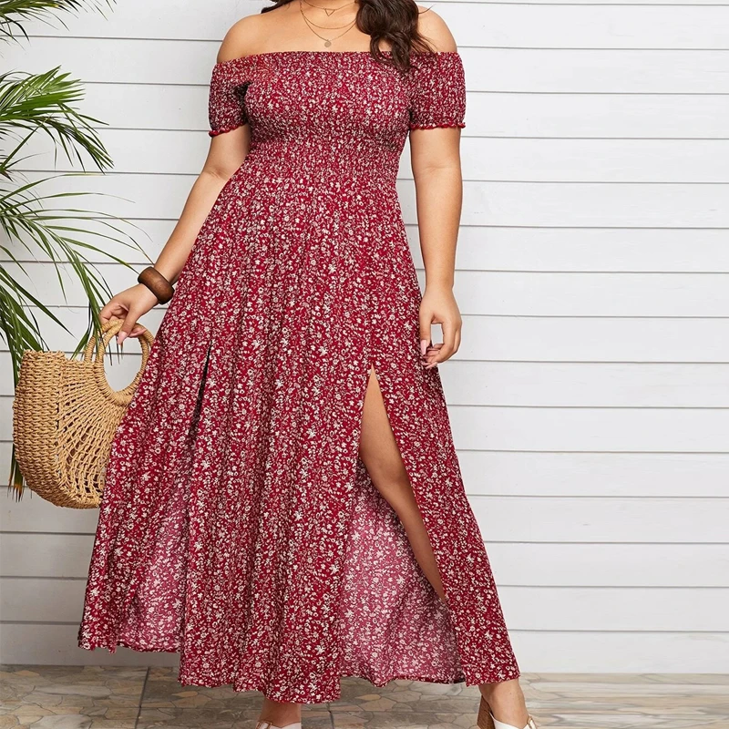 Plus Size Summer Boho Dress – Off-Shoulder Floral Print, Split Long A-Line, XXXL-4XL 1
