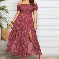Summer Women's Boho Floral Print Off Shoulder Split Long A Line Dresses XXXL 4XL