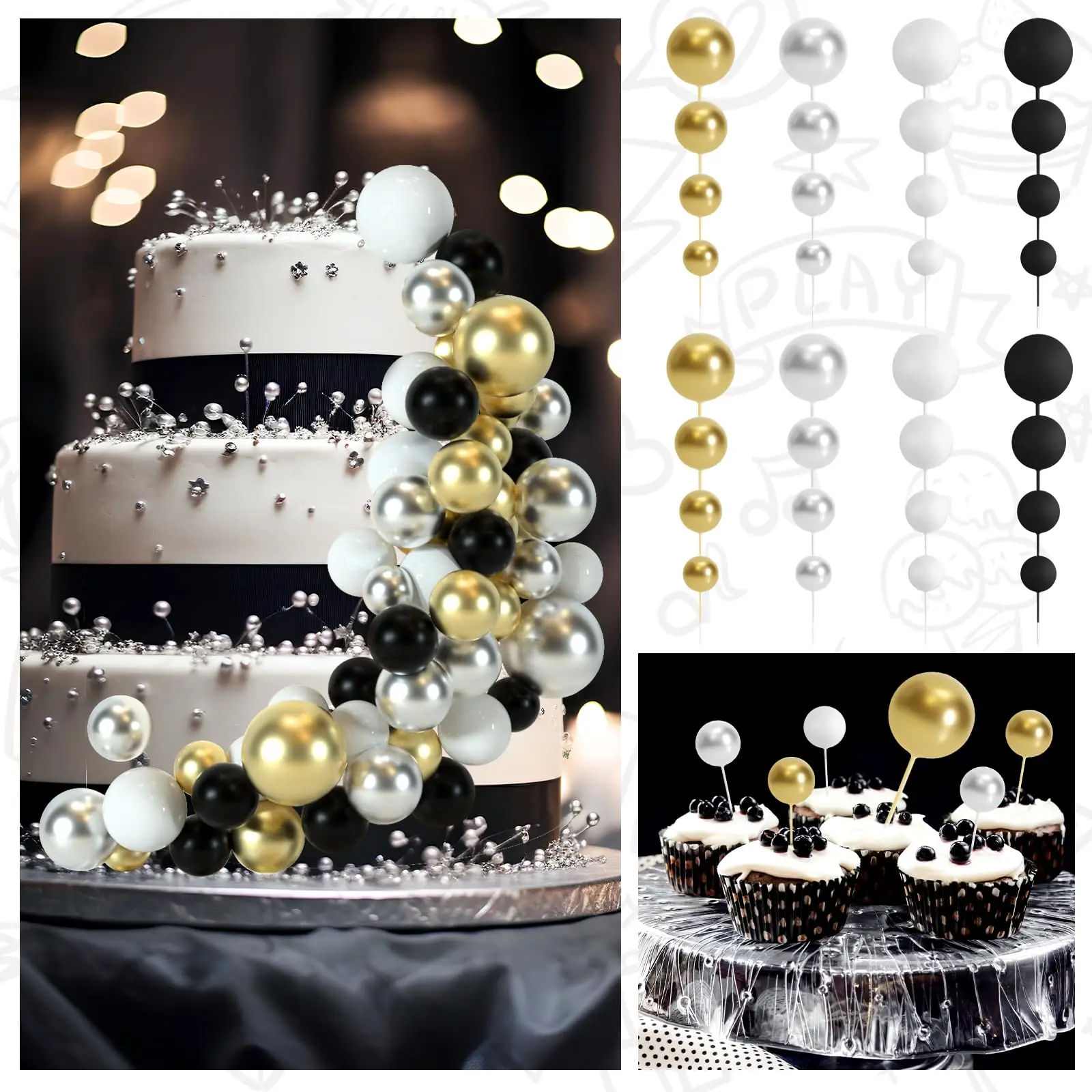 48 Stück rot-schwarze Kuchendekorationen, Kugeln, Kuchendekoration für Geburtstagsfeier, Hochzeitstorte (schwarz, rot, weiß, gold) – Detail 16