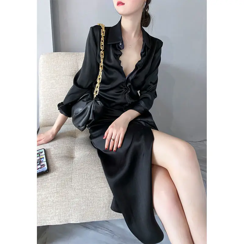 

2023 Spring V-Neck Dress High end Black Slim Waist Show Thin Temperament Elegant Long Sleeve Dress Women's Shirt Dress