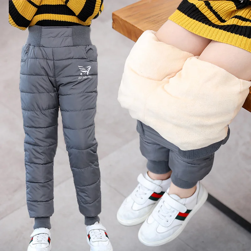 Winter Jungen Dicke Baumwolle Hosen Fleece Gepolsterte Warme Hosen Kinder Wasserdichte Ski Hosen Elastische Hohe Taille Baby Mädchen Hose 2-12 Y