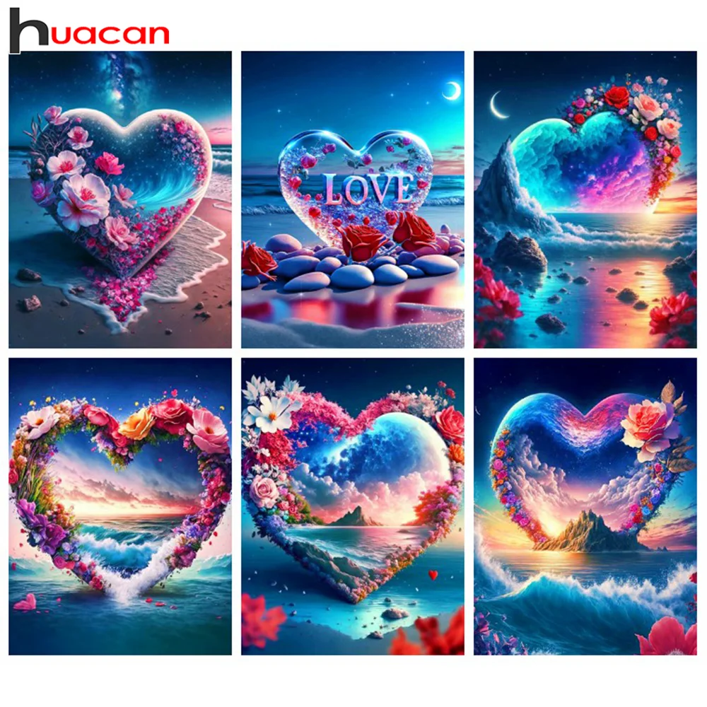 Huacan 5D Diamond Painting Kit Heart Seaside Landscape Full Square