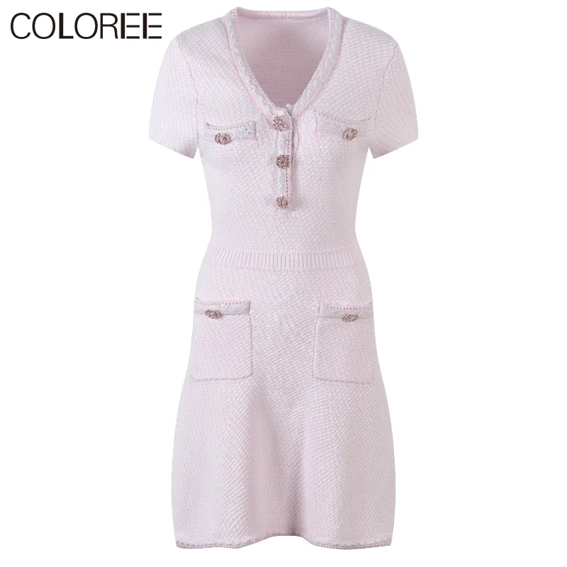 

Elegant V-neck Short Sleeve Mini Dress 2023 Designer Casual A-Line Pink Knitted Dress Women Basic Summer Streetwear Chic