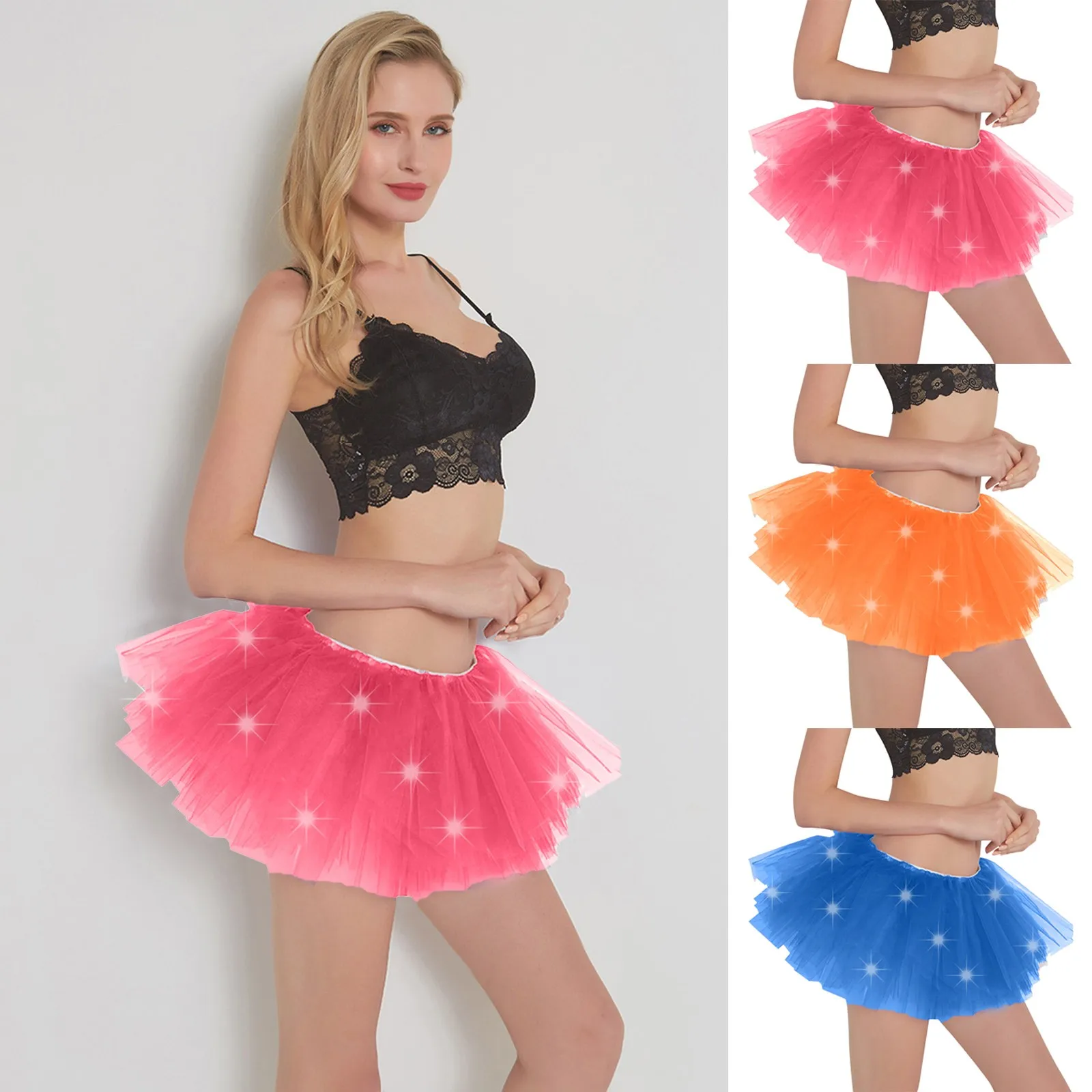 

LED Light Sparkling Women Tulle Skirt Short Tutu Mini Skirt Adult Fancy Ballet Dancewear Party Costume Solid Ball Gown Skirt