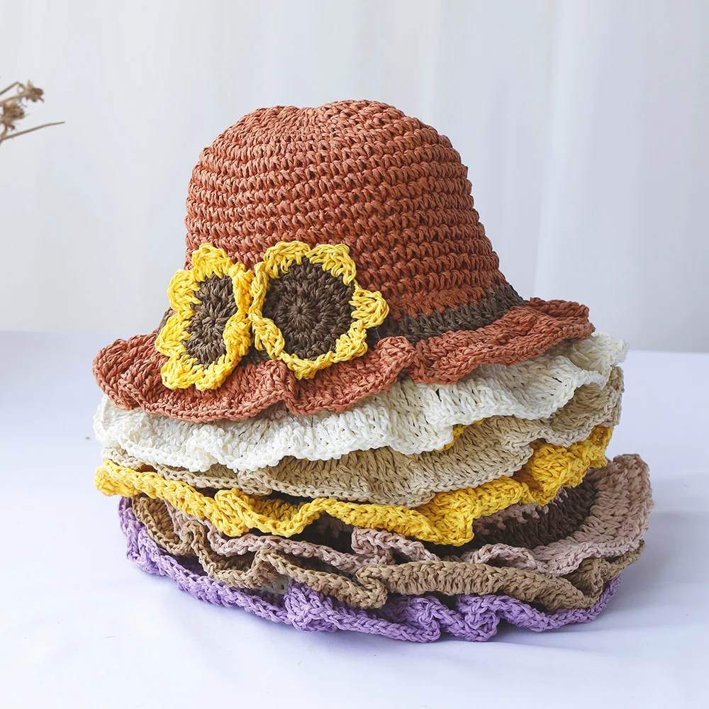 

new Cute and Sweet Children's straw hat, girl's sun hat, sunflower hat, lace with windproof rope, holiday hat handmade straw hat