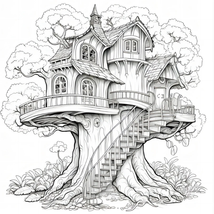 Dream Tree House Coloring Book 20 Page Gift For Birthday Party Relieve Stress Kill Time Graffiti Painting Drawing Art Book 3