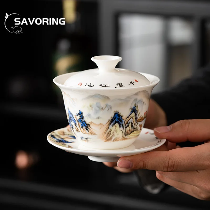 

150 мл белый фарфор Dehua Gaiwan, Ландшафтная чайная чашка, Пивоваренная чашка, блюдце, чайная чашка, крышка для приготовления чая, чашка, украшения для чайного сервиса