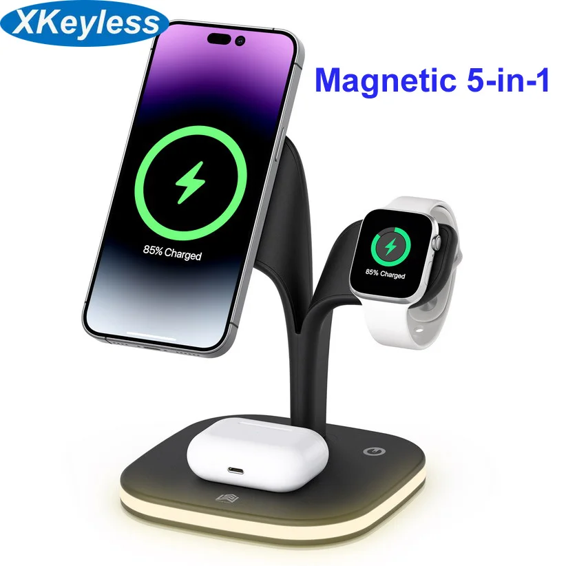 foldable 5-in-1 Magsafe Magnetic Wireless Charger for iPhone 14 13 12 for Apple watch Airpods Fast power charging station stand