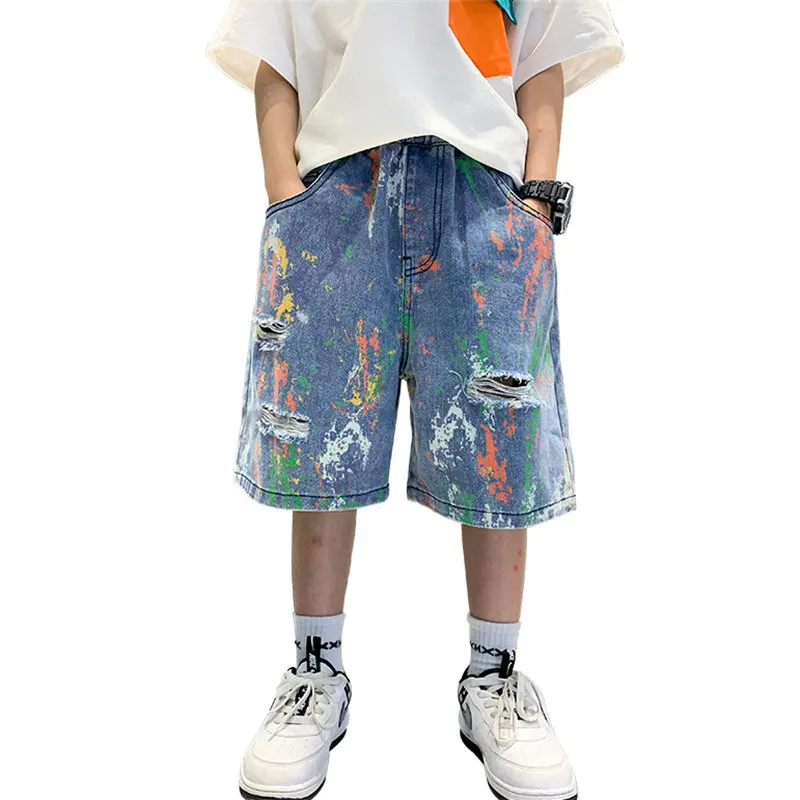 

Teen Boys Shorts for Kids Summer Fashion Graffiti Painting Print Knee Length Jeans with Broken Hole Korean Children Denim Shorts