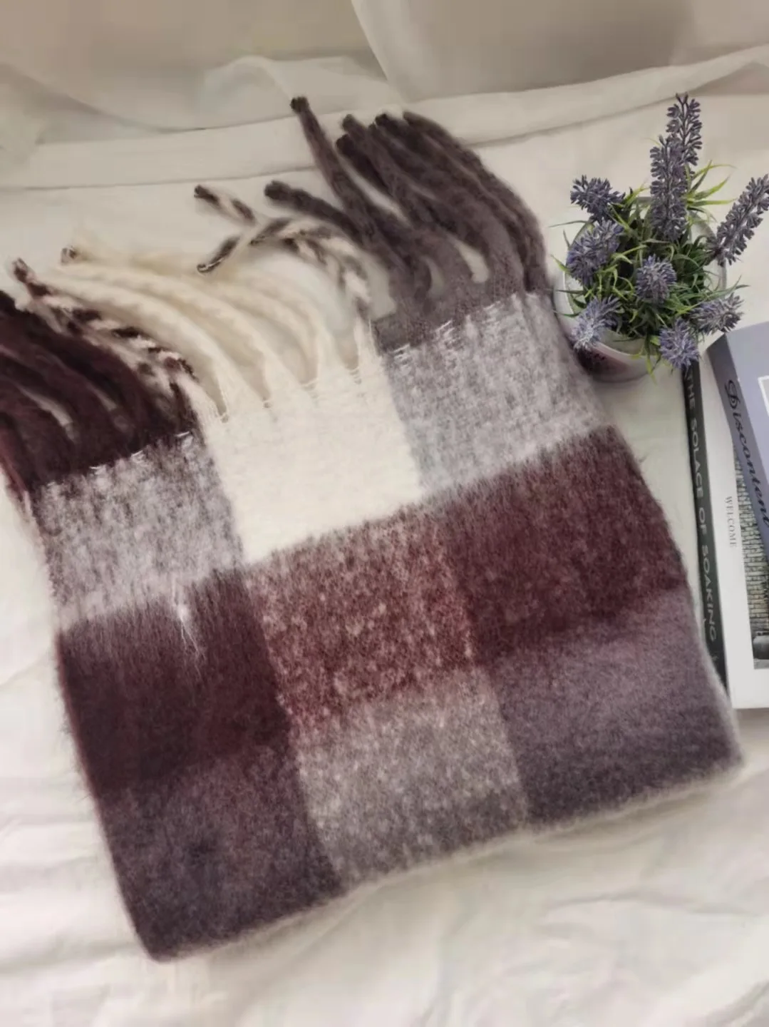 Chalier - Écharpe Carrée Surdimensionnée à Pompons - Motif Carreaux - Cadeau Hiver Femme - 200 X 60 Cm - Taille Unique