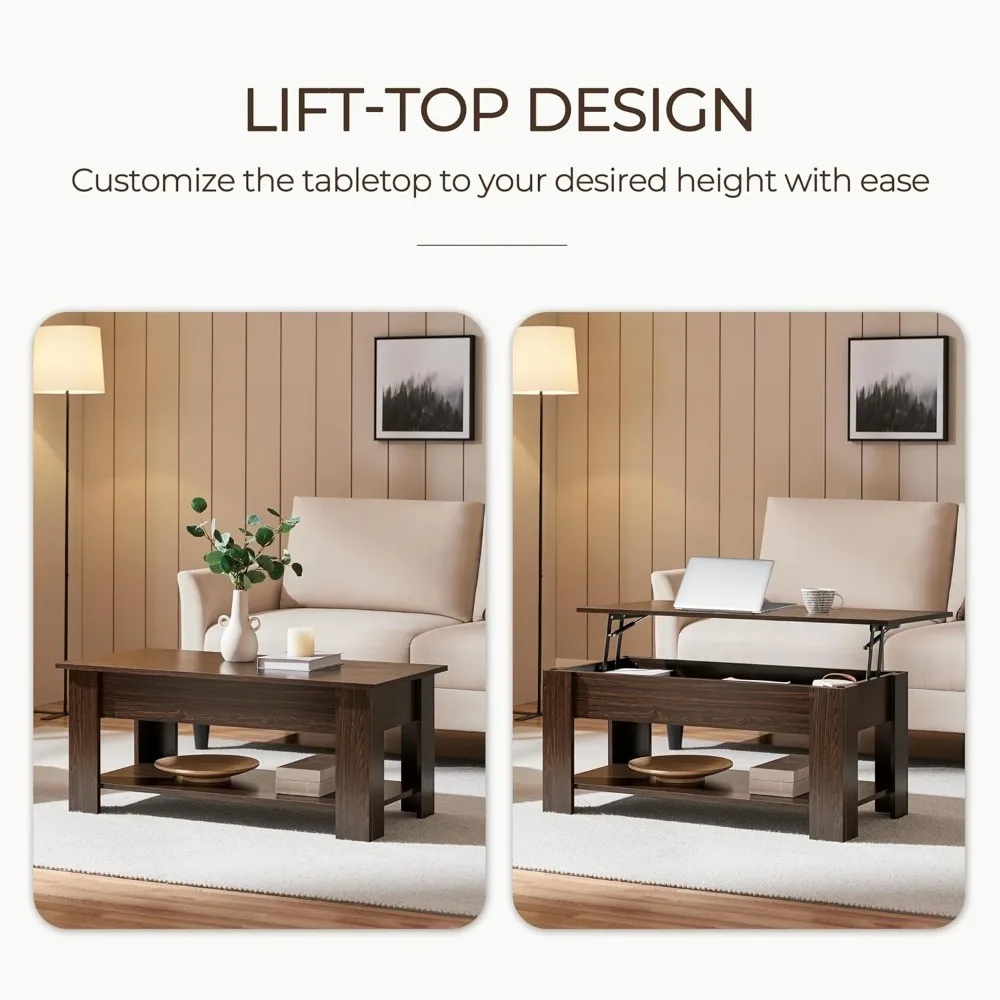Lift Top Coffee Table with Hidden Compartment and Storage Shelf, 38.6in L, Café Tables 4