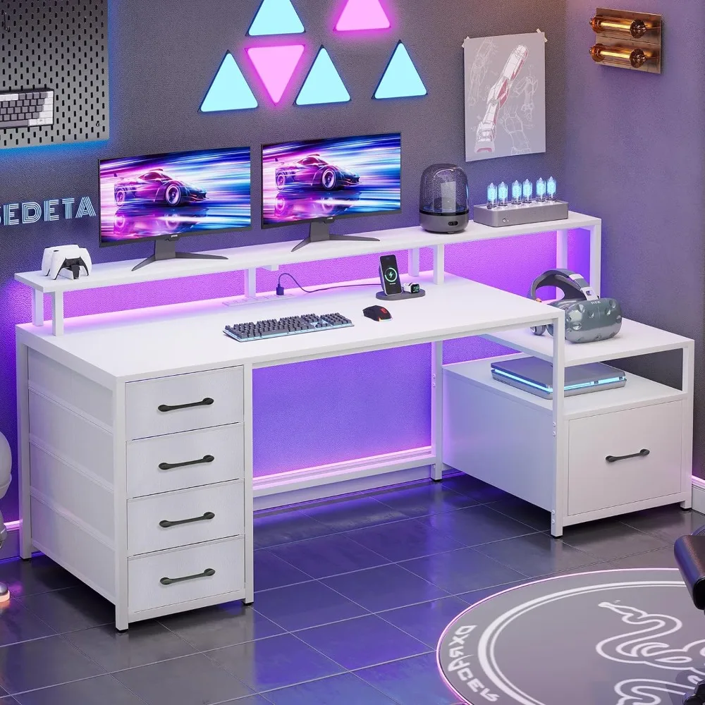 66" Led lighted Office Desk with File Drawer 2