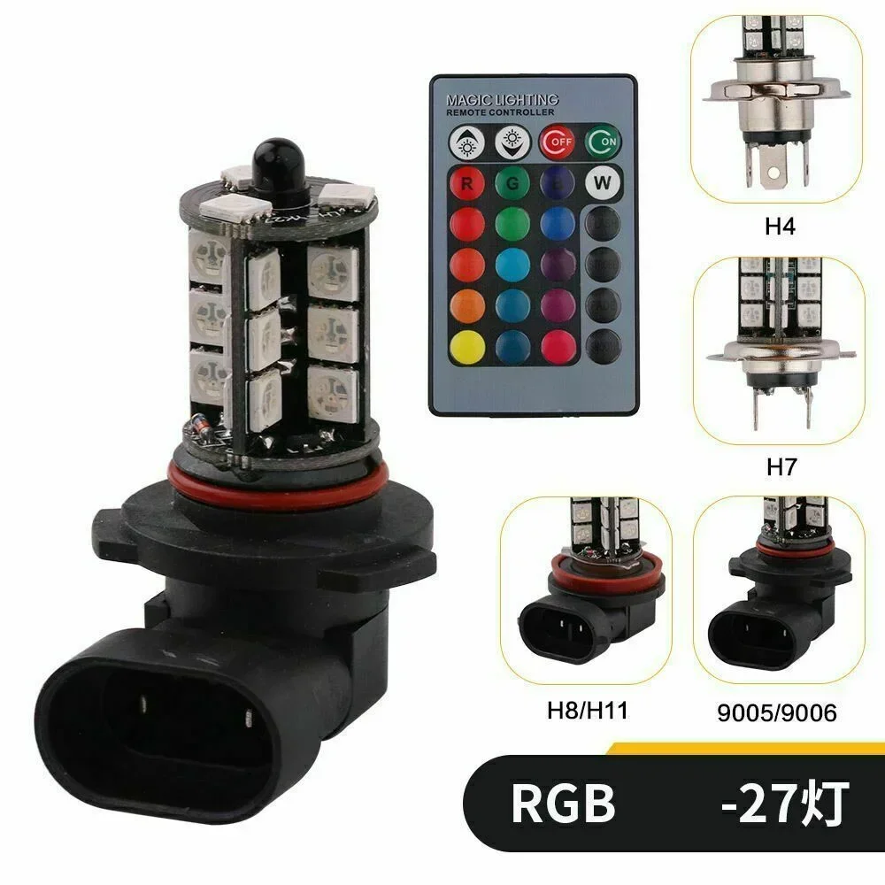 자동차 LED 안개등 전구, 색상 변경, 원격 제어 Aotu 헤드라이트 램프, 2X RGB, H8, H11, H7, H4, 5050, 27SMD 칩, 12V, 24V