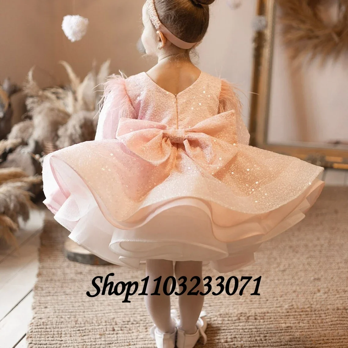

Розовое пушистое платье с цветочным рисунком для девочек, блестящее Короткое свадебное платье для подружки невесты, вечеринки в честь Дня Рождения, первого причастия Gwon