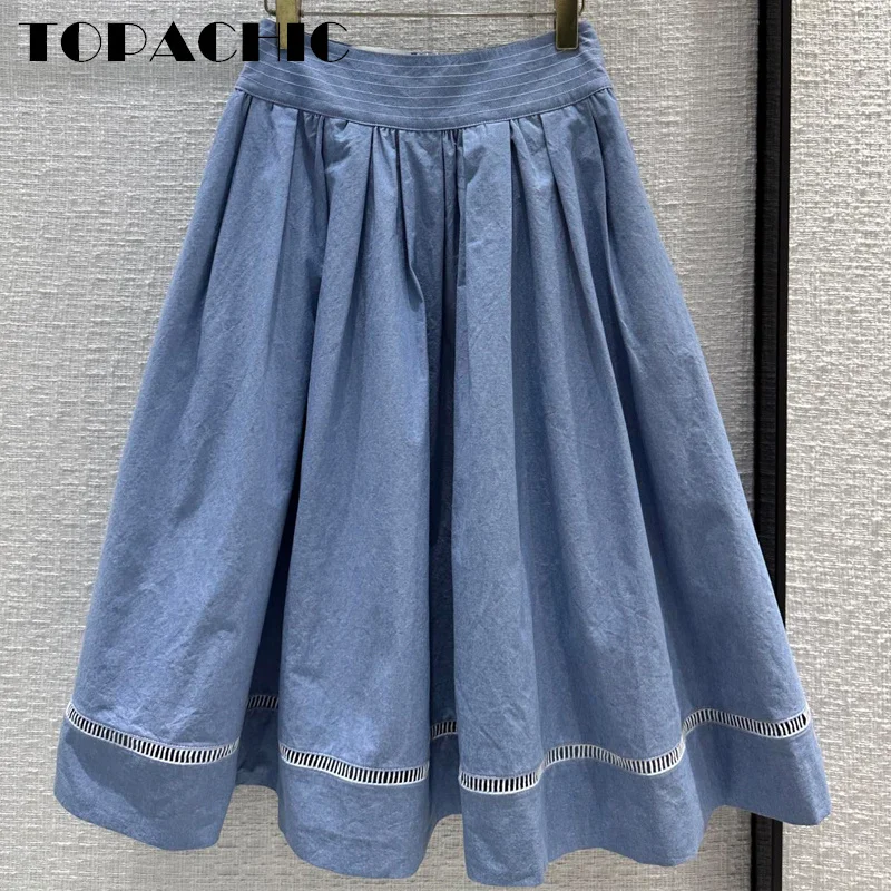 

5.15 TOPCHIC Classic Crochet Weave Hollow Out Hem Decoration Midi Skirt For Women Summer New Holiday Versatile Cotton Skirt