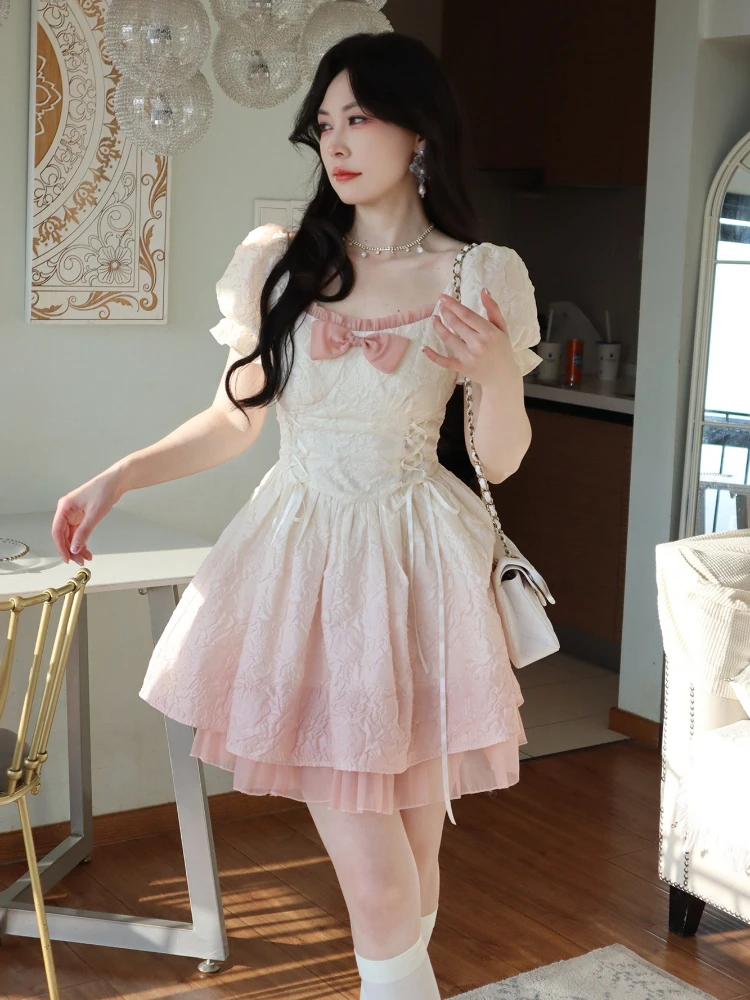 

Lolita Kawaii Y2k Mini Woman Dress Short Sleeve Vintage Short Party Dress One Piece Sweet Korean Fashion 2023 Summer Chic Dress