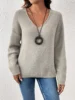 Autumn and winter ladies V-neck solid color loose leisure languid wind long sleeve knit sweater bottom sweater 3
