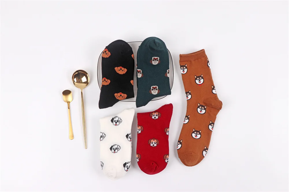Unisex Funny Cartoon Dogs Head Socks Warm Soft Japanese Korean Cute Happy Puppy Husky Starling Dalmatian Teddy Cotton Sokken