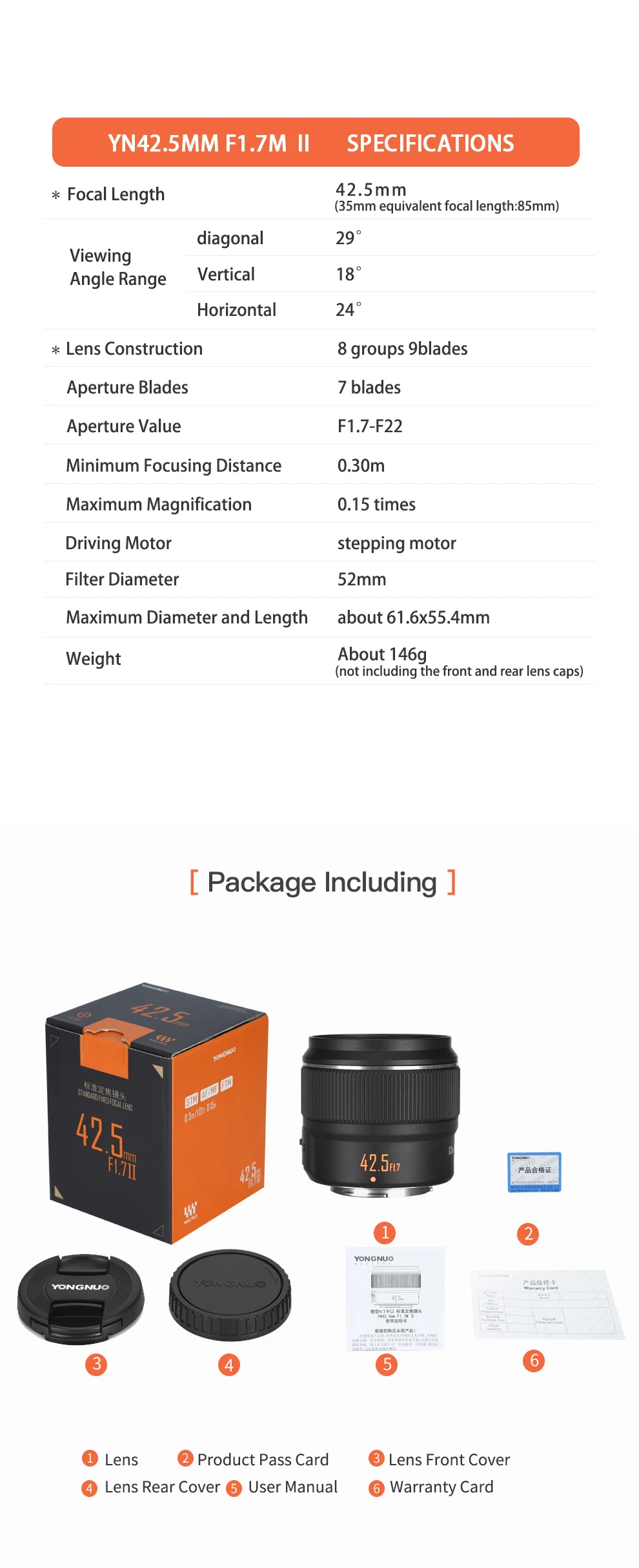 YONGNUO YN42.5mm 42.5mm F1.7M II Camera Lens F1.7 Lens For M4/3 mount Panasonic