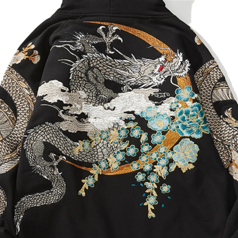 Fashion Hip Hop Hooded Hoodie Vintage Dragon Embroidered Sweater Y2K Harajuku Street Sweatshirt Men Causal Autumn Winter