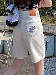 ZHISILAO New White Knee Length Denim Shorts Women Print Straight Jeans Shorts Summer 2024 Streetwear