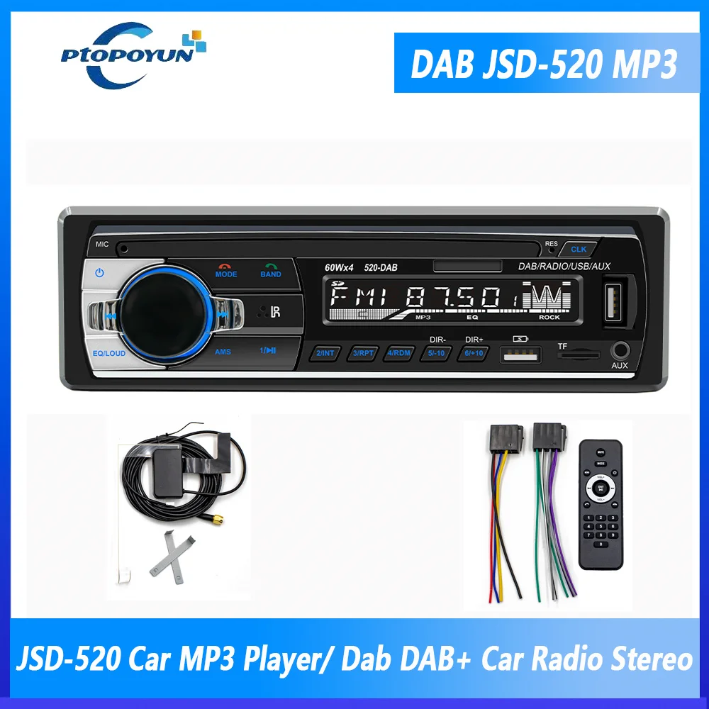 Ptopoyun Car Mp3 Multimedia Player Jsd-520 Dab Radio Dab + Rds Am Fm Audio Stereo Ricevitore 12V In-Dash 1Din Bluetooth Autoradio