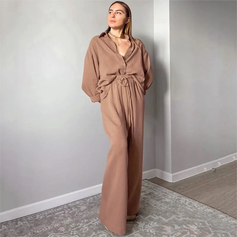 

Dress For Women Summer Korean Fashion Long Casual Shirts Pajamas Loose Cover Up Sleeve Pants Set Wearable Home Wear Solid Cotton