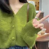 Autumn Fashion V-neck Knitted Cardigan Women Green Long Sleeve Single Breasted Sweaters Casual Knitwear Mujer 2