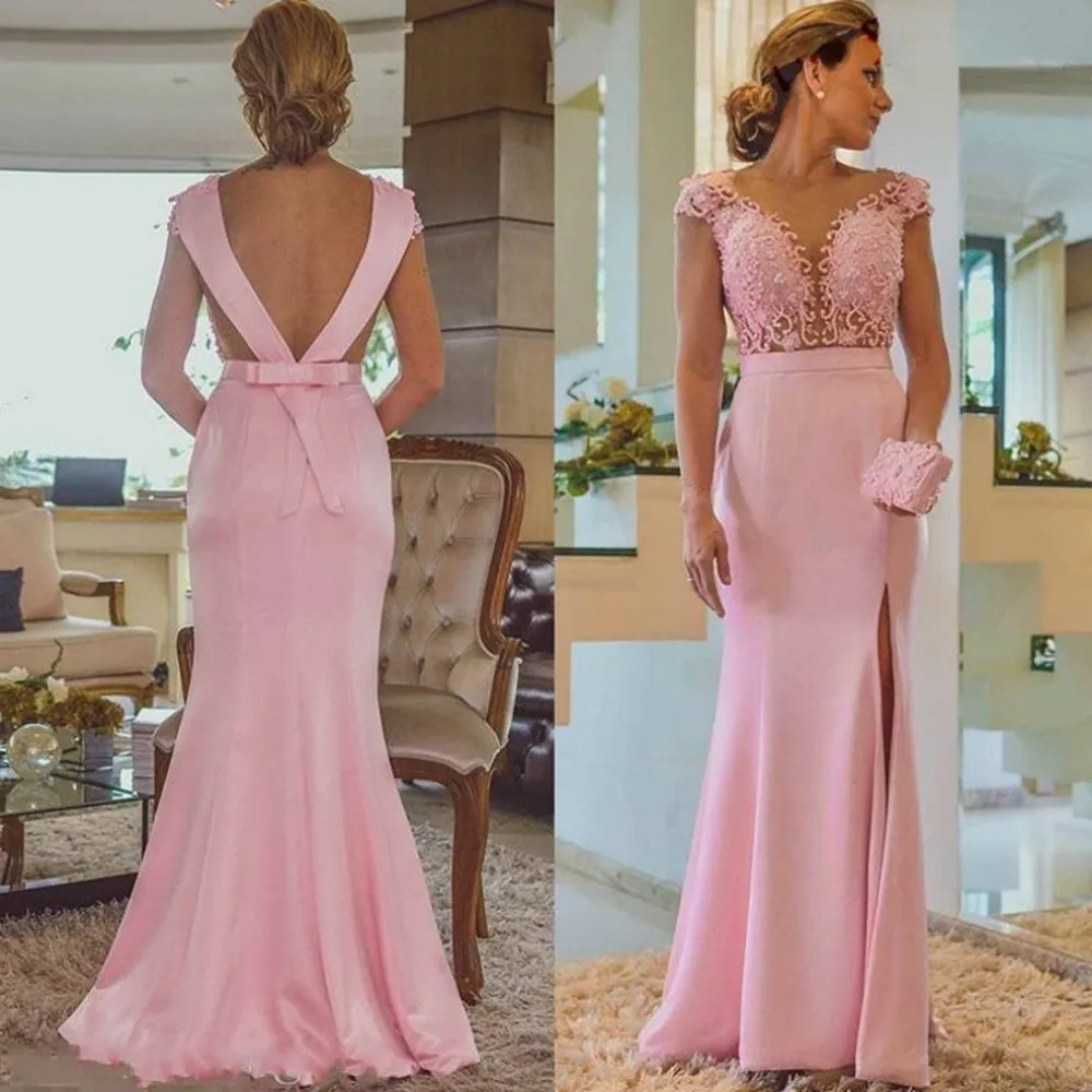 

Pink Side Split Mermaid Mother of the Bride Dress Backless Floor Length Sleeveless Long Formal Party Gowns Elegant Prom Dresses