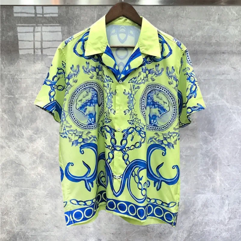 

Contrasting Baroque Court Print Short Sleeve Shirts Luxury Artistic Portrait Pattern Shirt Social Slim Shirt Men Moda Hombre Top